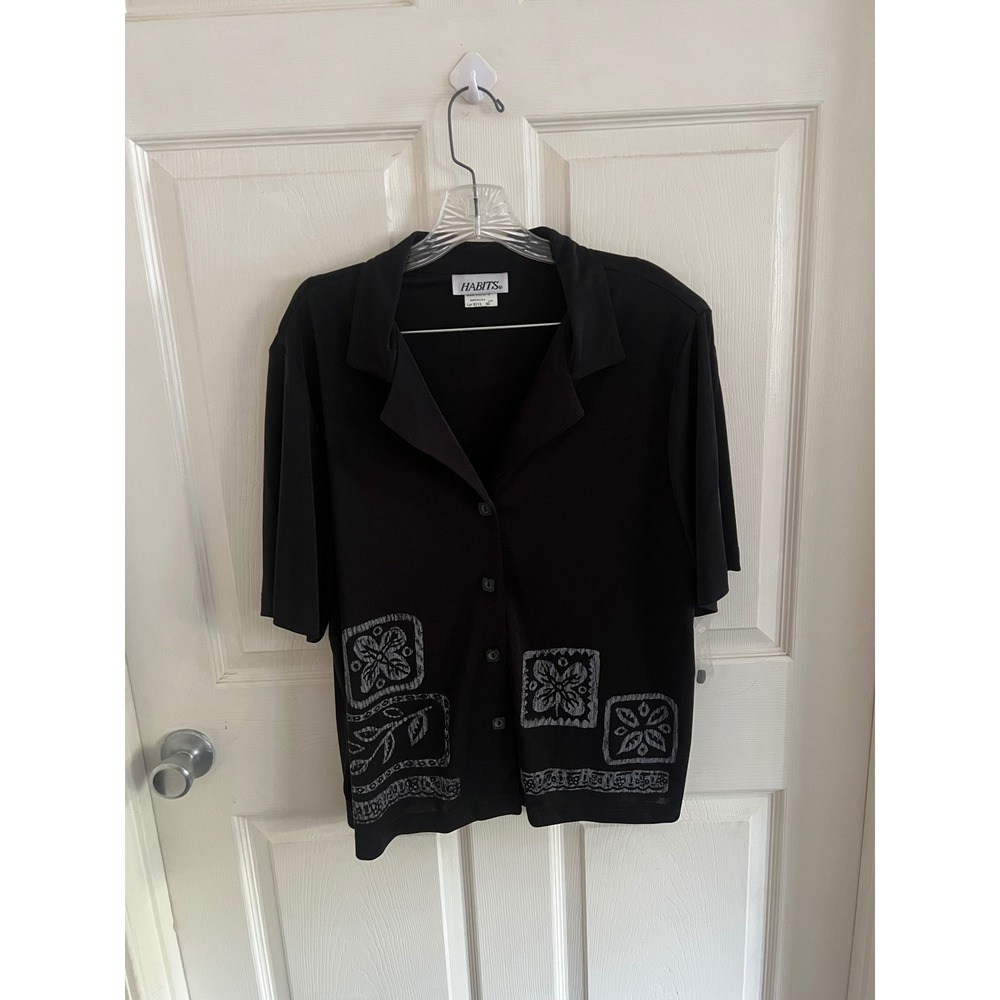 Vintage 80's Habits Made In USA Button Down Embroidered Black Blouse Size Small